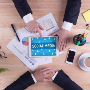 Business team planning social media marketing strategy.
